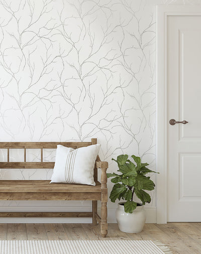 product image for Delicate Branches Peel-and-Stick Wallpaper in Silver by NextWall 1