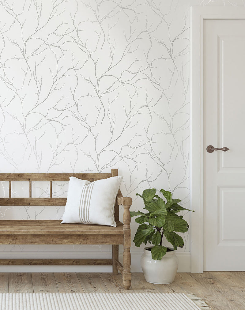 media image for Delicate Branches Peel-and-Stick Wallpaper in Silver by NextWall 249