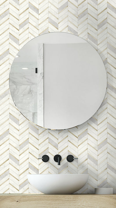 product image for Chevron Marble Tile Peel-and-Stick Wallpaper in Gold and Pearl Grey by NextWall 6