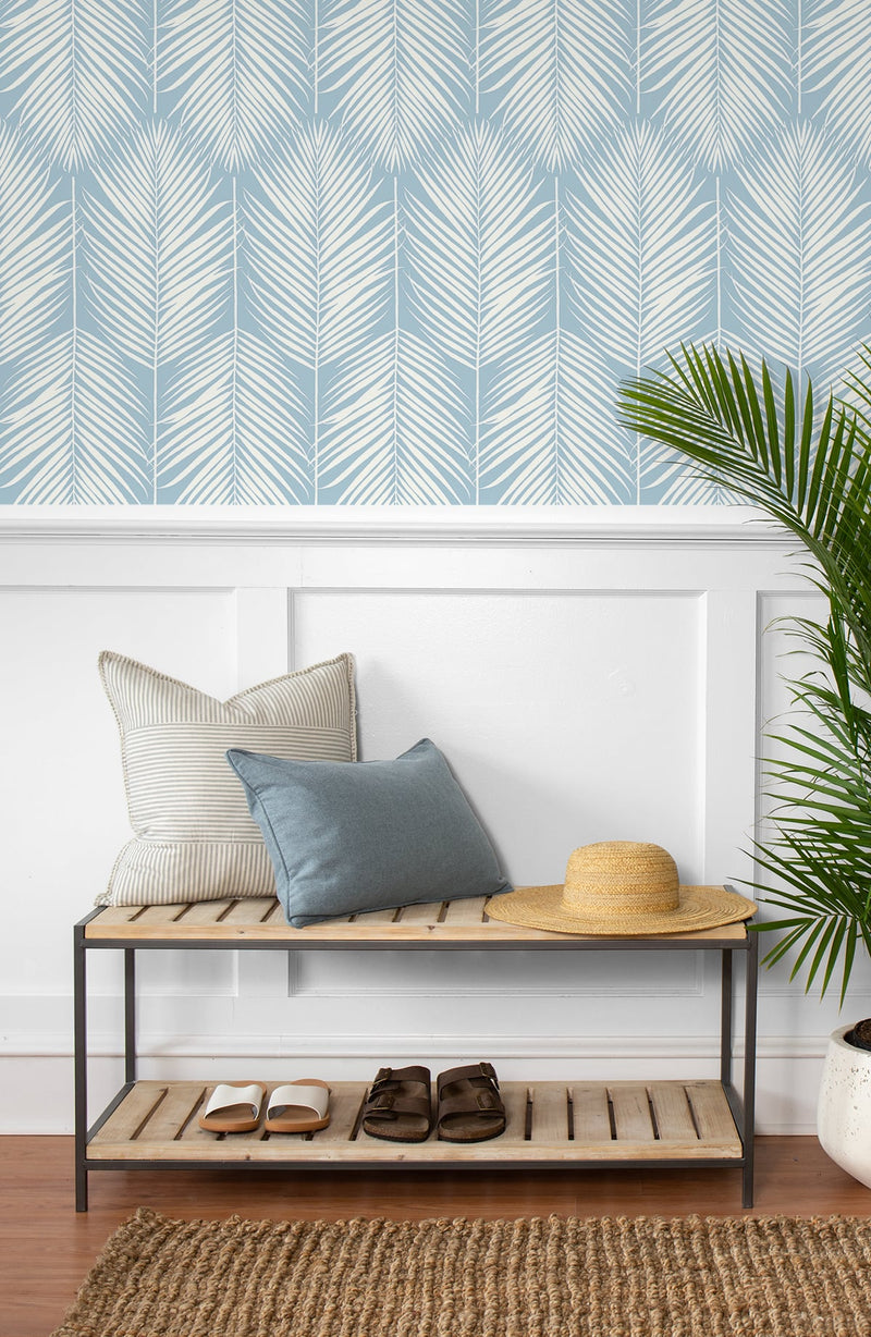 media image for Palm Silhouette Peel-and-Stick Wallpaper in Hampton Blue by NextWall 255