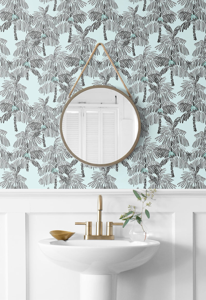 media image for Palm Beach Peel-and-Stick Wallpaper in Sky Blue and Black by NextWall 216