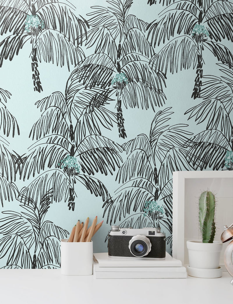 media image for Palm Beach Peel-and-Stick Wallpaper in Sky Blue and Black by NextWall 259