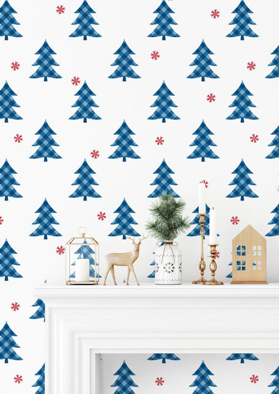 product image of Plaid Pines Wallpaper in Persian Blue and Red by NextWall 513