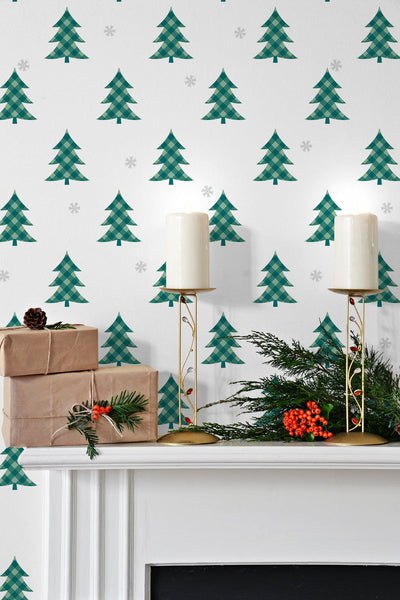 product image for Plaid Pines Wallpaper in Evergreen and Metallic Silver by NextWall 53