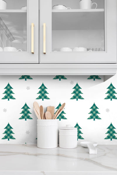 product image for Plaid Pines Wallpaper in Evergreen and Metallic Silver by NextWall 64