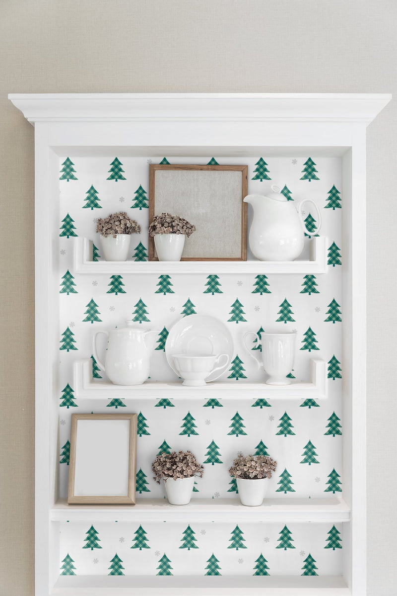 media image for Plaid Pines Wallpaper in Evergreen and Metallic Silver by NextWall 220