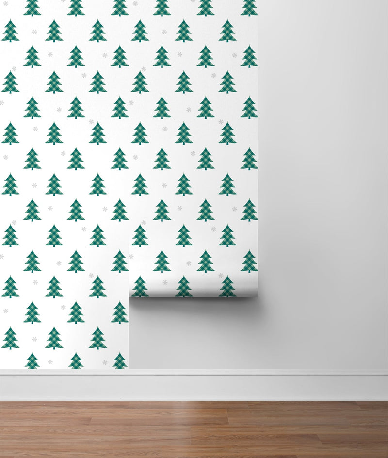 media image for Plaid Pines Wallpaper in Evergreen and Metallic Silver by NextWall 24