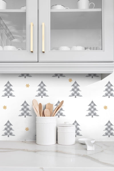 product image for Plaid Pines Wallpaper in Grey and Metallic Gold by NextWall 72