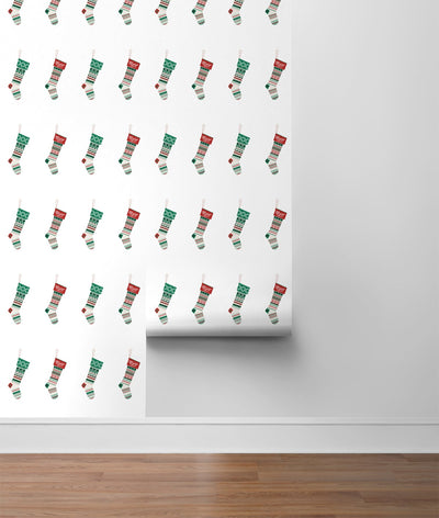 product image for Stockings Peel-and-Stick Wallpaper in Evergreen and Red by NextWall 84