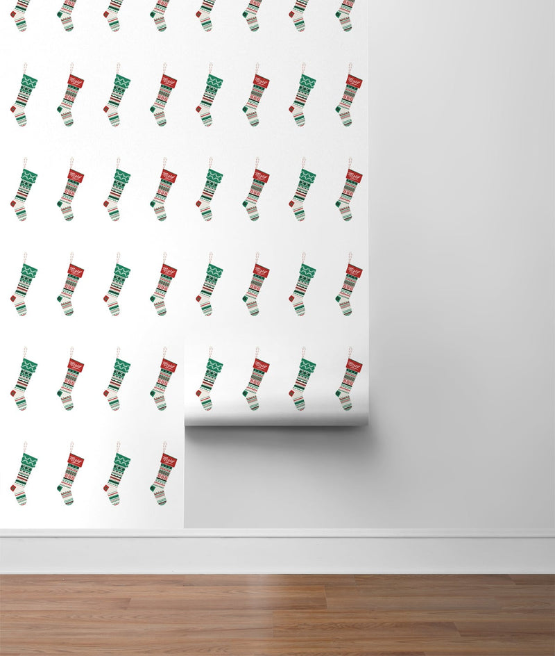 media image for Stockings Peel-and-Stick Wallpaper in Evergreen and Red by NextWall 219