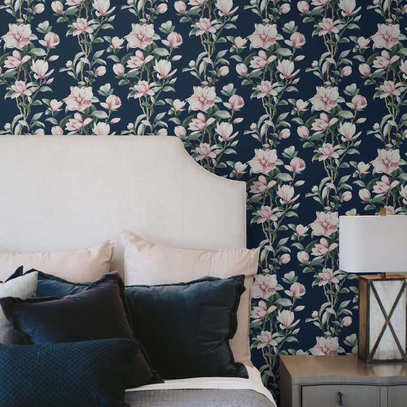 media image for Magnolia Trail Navy & Blush Peel-and-Stick Wallpaper by NextWall 219