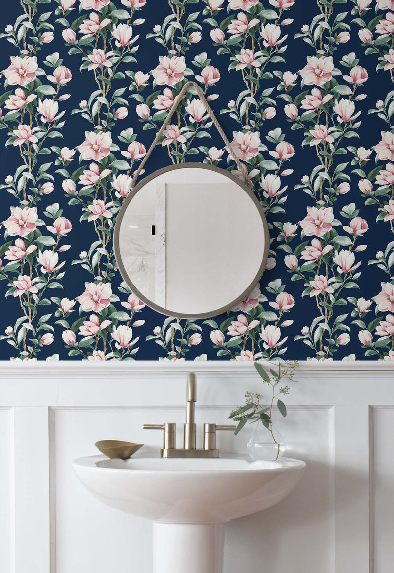 media image for Magnolia Trail Navy & Blush Peel-and-Stick Wallpaper by NextWall 289