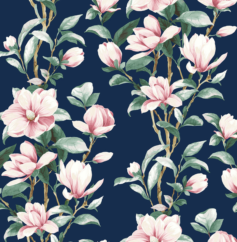 media image for Magnolia Trail Navy & Blush Peel-and-Stick Wallpaper by NextWall 246