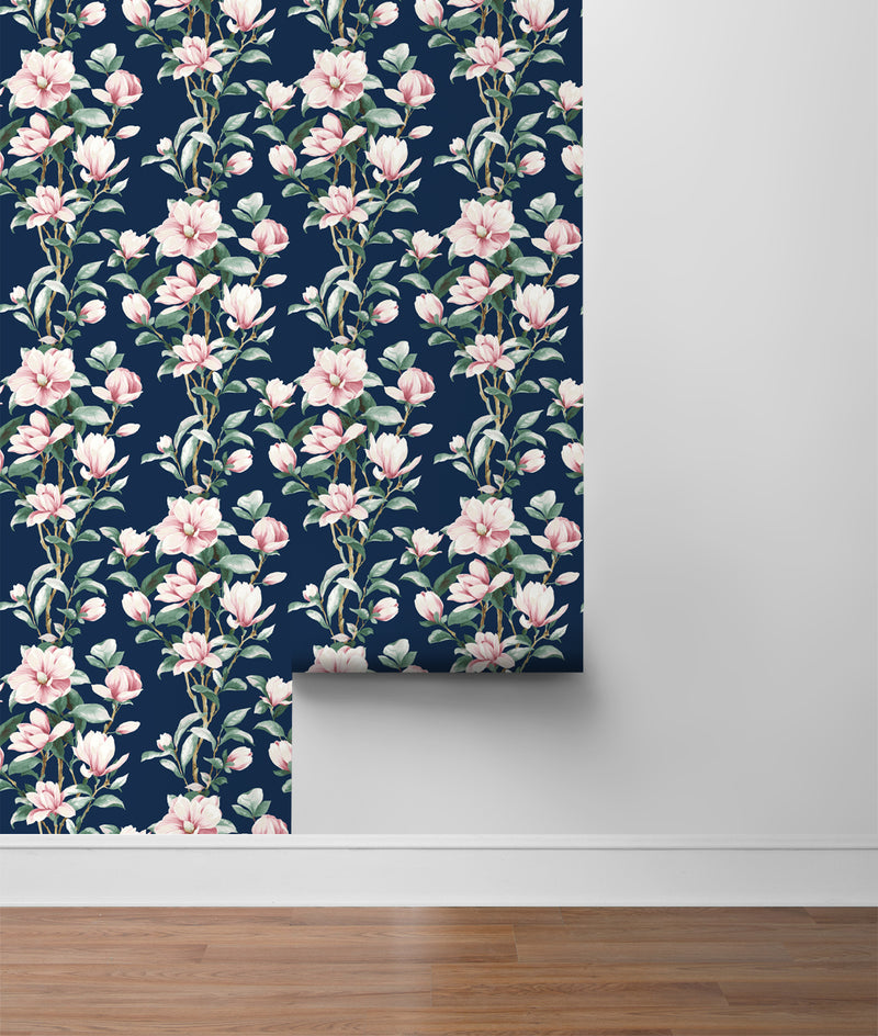 media image for Magnolia Trail Navy & Blush Peel-and-Stick Wallpaper by NextWall 292