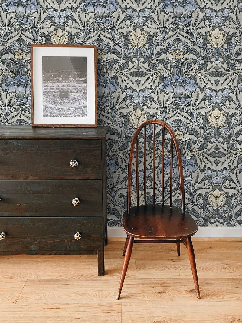 media image for Morris Flower Peel-and-Stick Wallpaper in Charcoal and Carolina Blue by NextWall 21