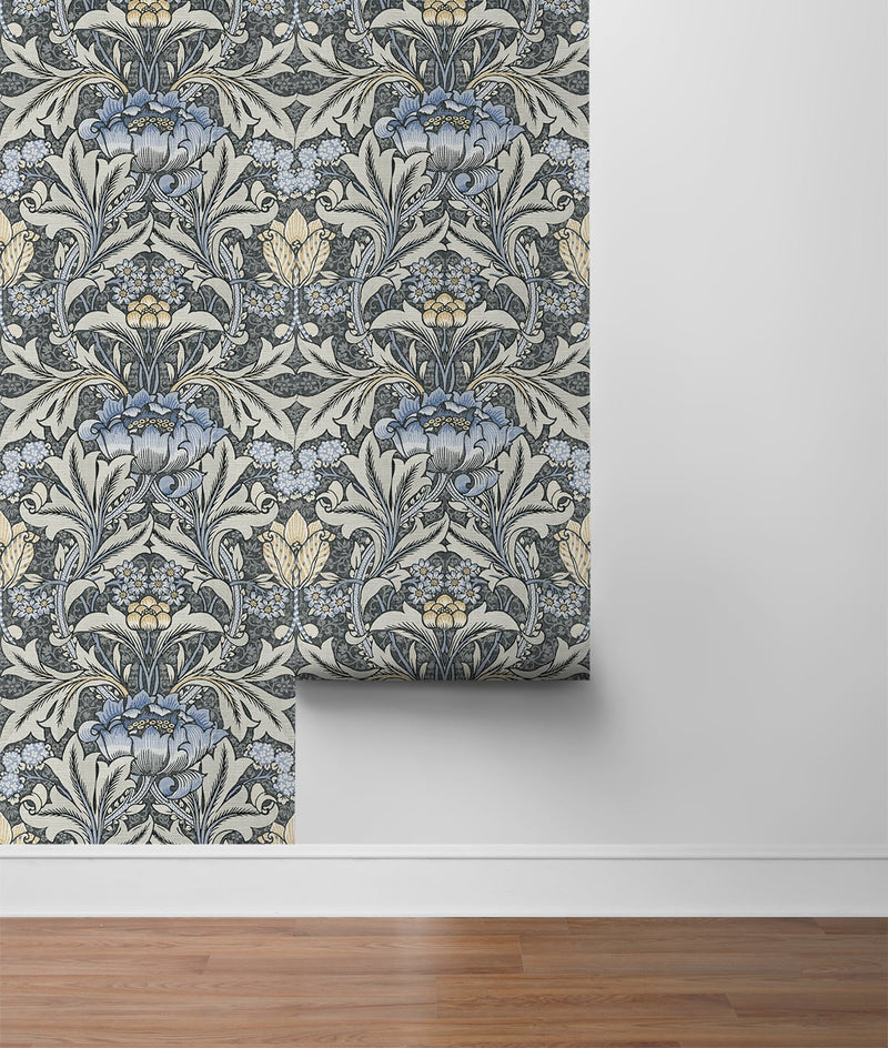 media image for Morris Flower Peel-and-Stick Wallpaper in Charcoal and Carolina Blue by NextWall 264