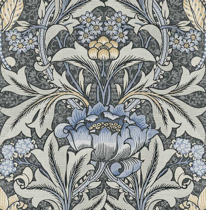 media image for Morris Flower Peel-and-Stick Wallpaper in Charcoal and Carolina Blue by NextWall 295