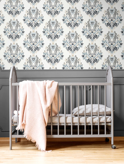 product image for Spring Damask Bluestone & Grey Peel-and-Stick Wallpaper by NextWall 44