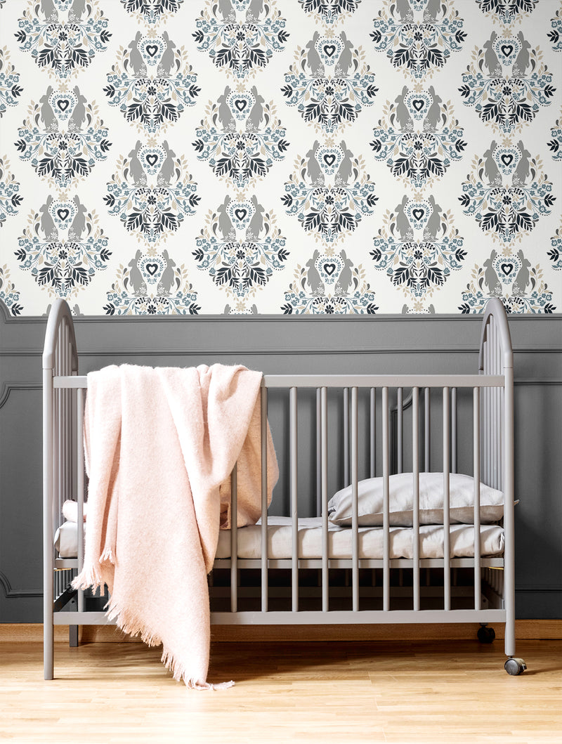 media image for Spring Damask Bluestone & Grey Peel-and-Stick Wallpaper by NextWall 296