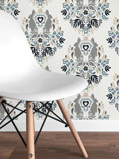 product image for Spring Damask Bluestone & Grey Peel-and-Stick Wallpaper by NextWall 81