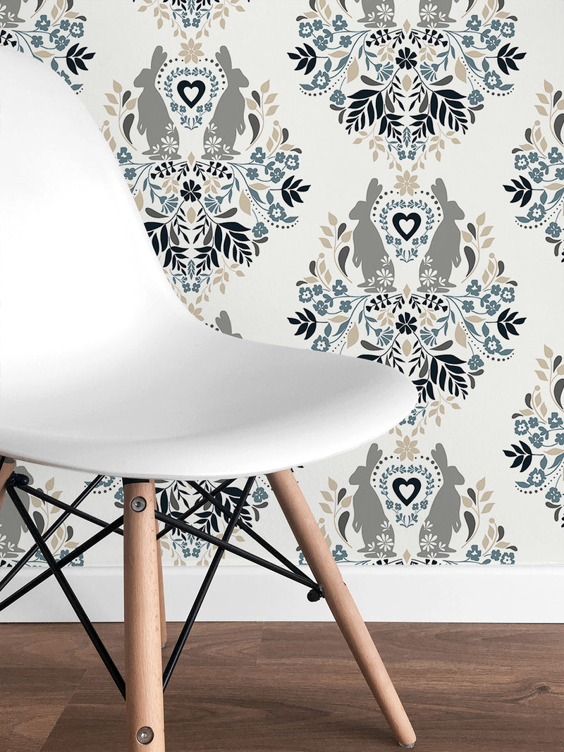 media image for Spring Damask Bluestone & Grey Peel-and-Stick Wallpaper by NextWall 24