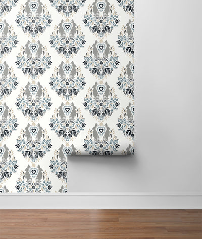 product image for Spring Damask Bluestone & Grey Peel-and-Stick Wallpaper by NextWall 87