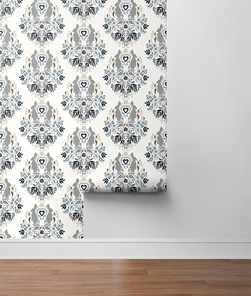 media image for Spring Damask Bluestone & Grey Peel-and-Stick Wallpaper by NextWall 233