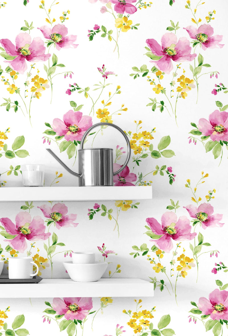 media image for Watercolor Windflower Cerise Pink & Marigold Peel-and-Stick Wallpaper by NextWall 238