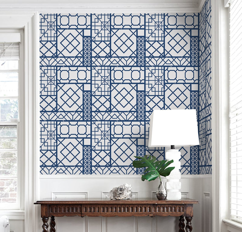 media image for Garden Trellis Navy Blue Peel-and-Stick Wallpaper by NextWall 241