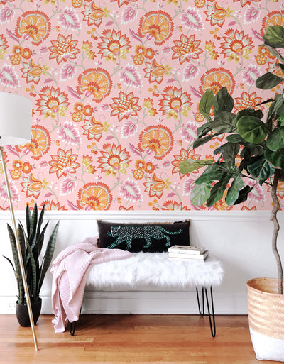 product image for Jacobean Blossom Floral Bubblegum Pink Peel-and-Stick Wallpaper by NextWall 0