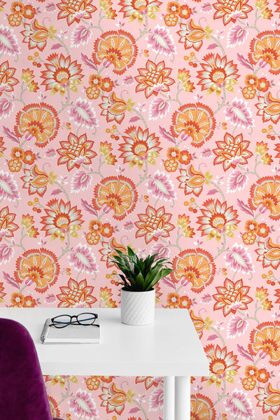 product image for Jacobean Blossom Floral Bubblegum Pink Peel-and-Stick Wallpaper by NextWall 92