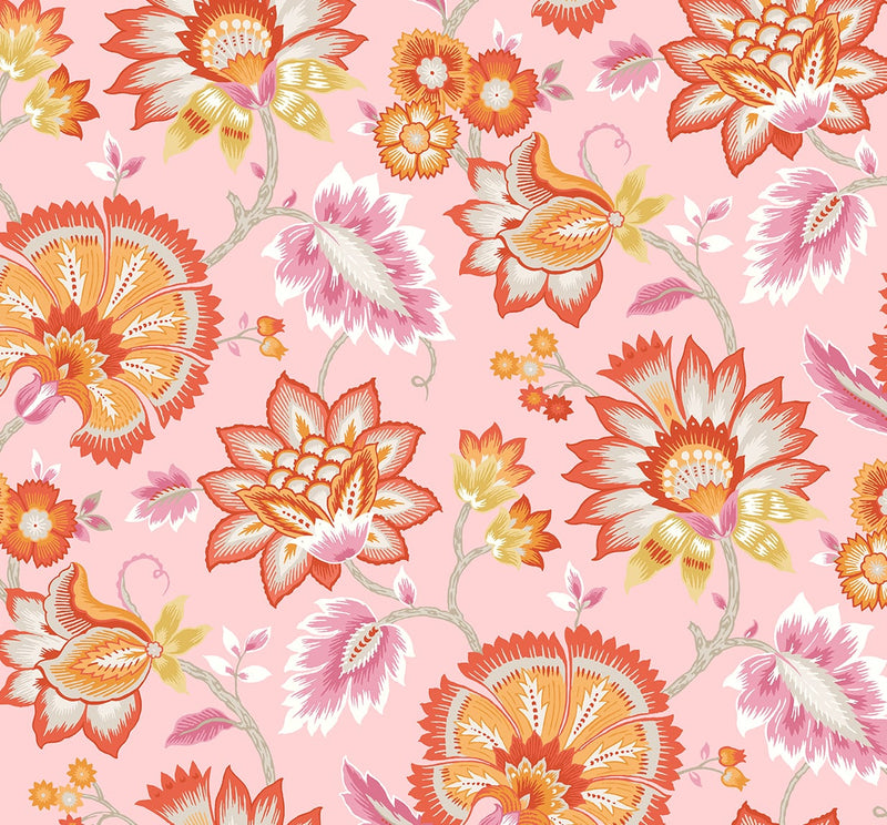 media image for Jacobean Blossom Floral Bubblegum Pink Peel-and-Stick Wallpaper by NextWall 277