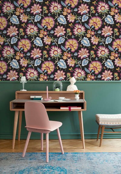 product image for Jacobean Blossom Floral Cosmic Black Peel-and-Stick Wallpaper by NextWall 84