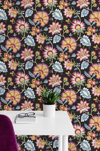 product image for Jacobean Blossom Floral Cosmic Black Peel-and-Stick Wallpaper by NextWall 39