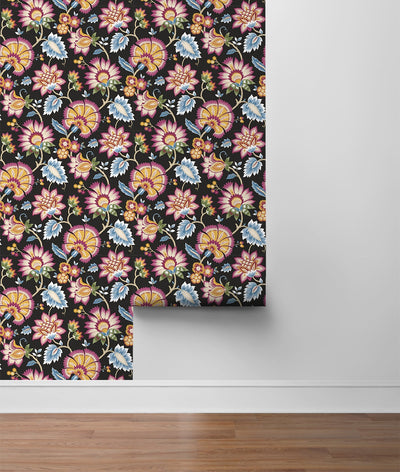 product image for Jacobean Blossom Floral Cosmic Black Peel-and-Stick Wallpaper by NextWall 6