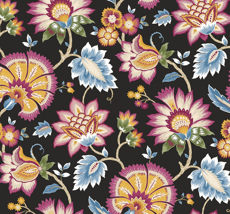 media image for Jacobean Blossom Floral Cosmic Black Peel-and-Stick Wallpaper by NextWall 270