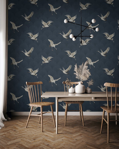 product image for Cranes Denim Blue Peel-and-Stick Wallpaper by NextWall 76