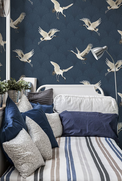 product image for Cranes Denim Blue Peel-and-Stick Wallpaper by NextWall 86