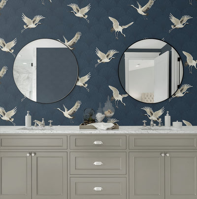 product image for Cranes Denim Blue Peel-and-Stick Wallpaper by NextWall 99