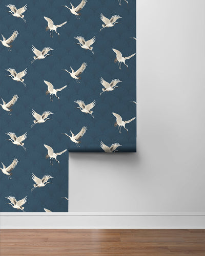 product image for Cranes Denim Blue Peel-and-Stick Wallpaper by NextWall 61