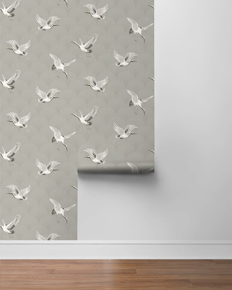 media image for Cranes Argos Grey Peel-and-Stick Wallpaper by NextWall 296