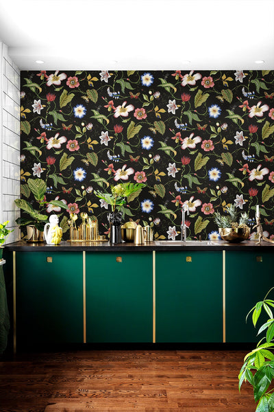 product image for Summer Garden Floral Jet Black Peel-and-Stick Wallpaper by NextWall 42