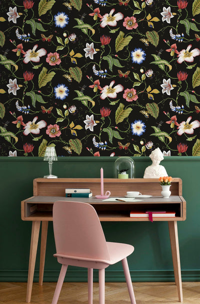 product image for Summer Garden Floral Jet Black Peel-and-Stick Wallpaper by NextWall 49