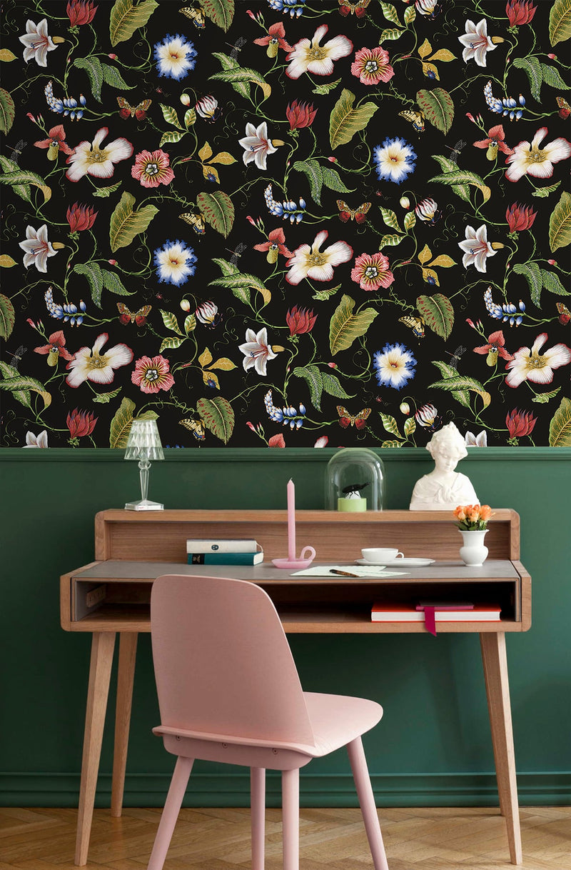 media image for Summer Garden Floral Jet Black Peel-and-Stick Wallpaper by NextWall 280