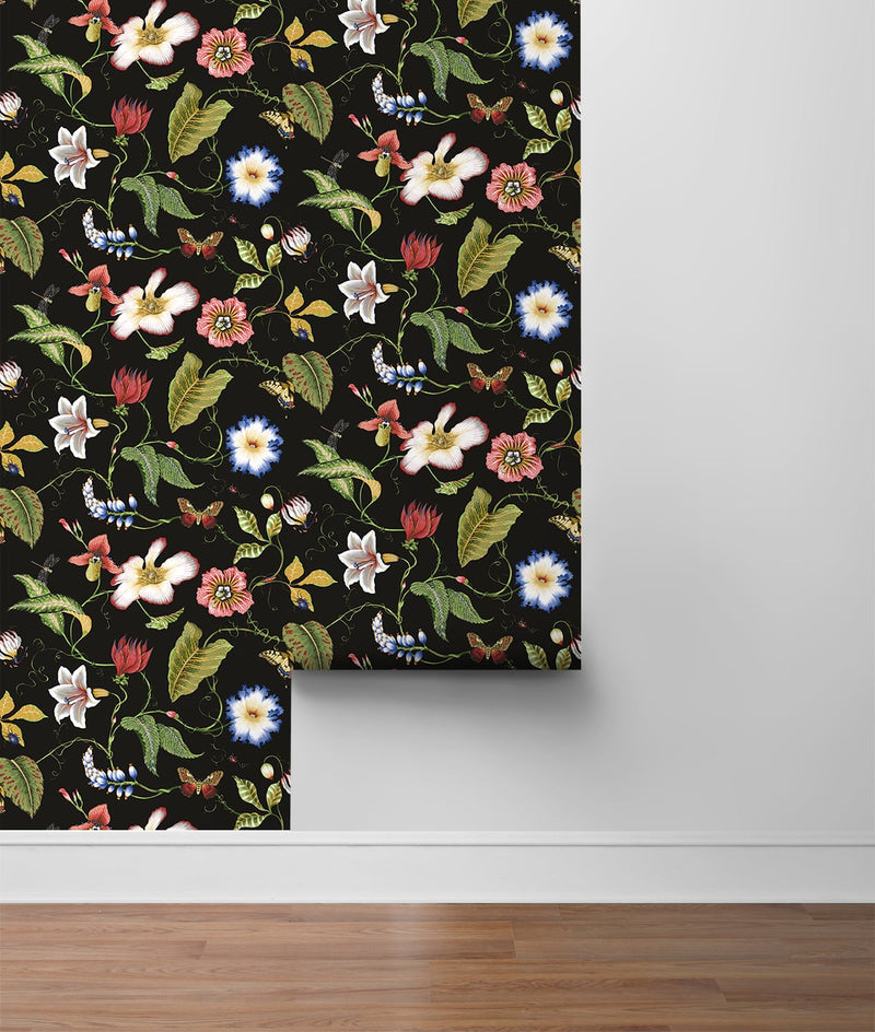 media image for Summer Garden Floral Jet Black Peel-and-Stick Wallpaper by NextWall 24