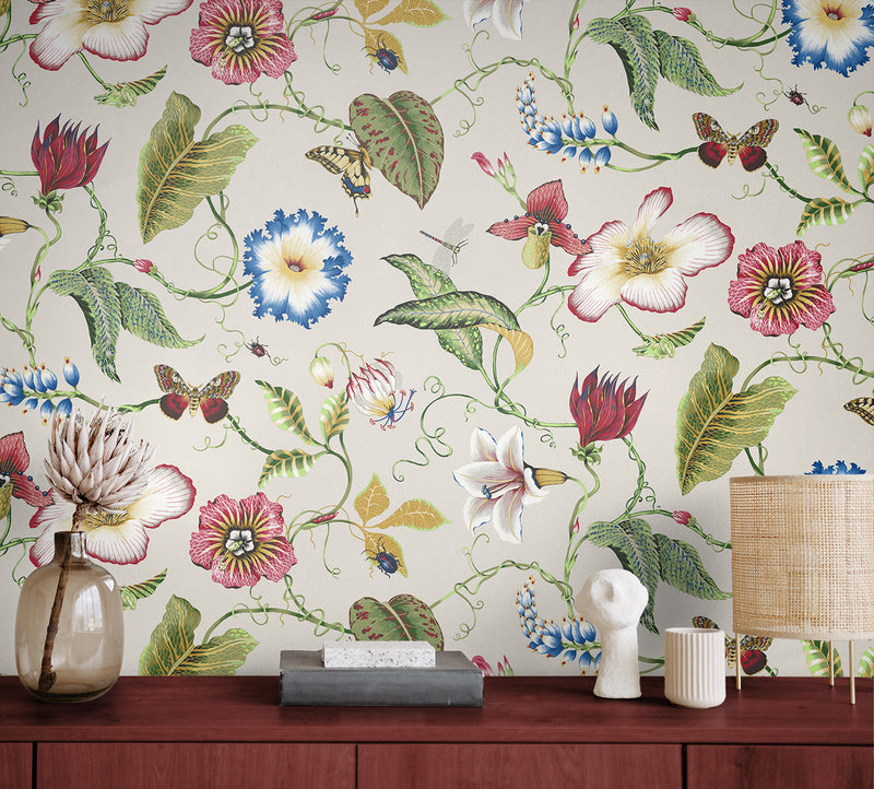 media image for Summer Garden Floral Peel-and-Stick Wallpaper in Raspberry & Chartreuse 241