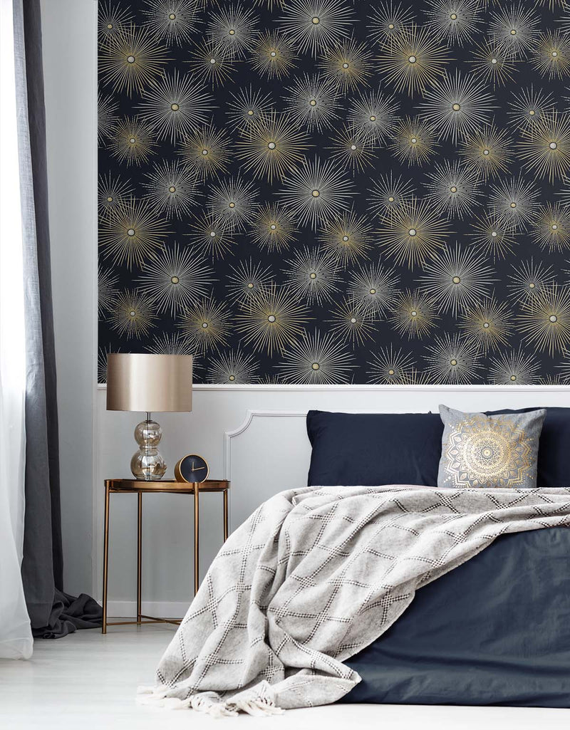 media image for Starburst Geo Midnight & Gold Peel-and-Stick Wallpaper by NextWall 291