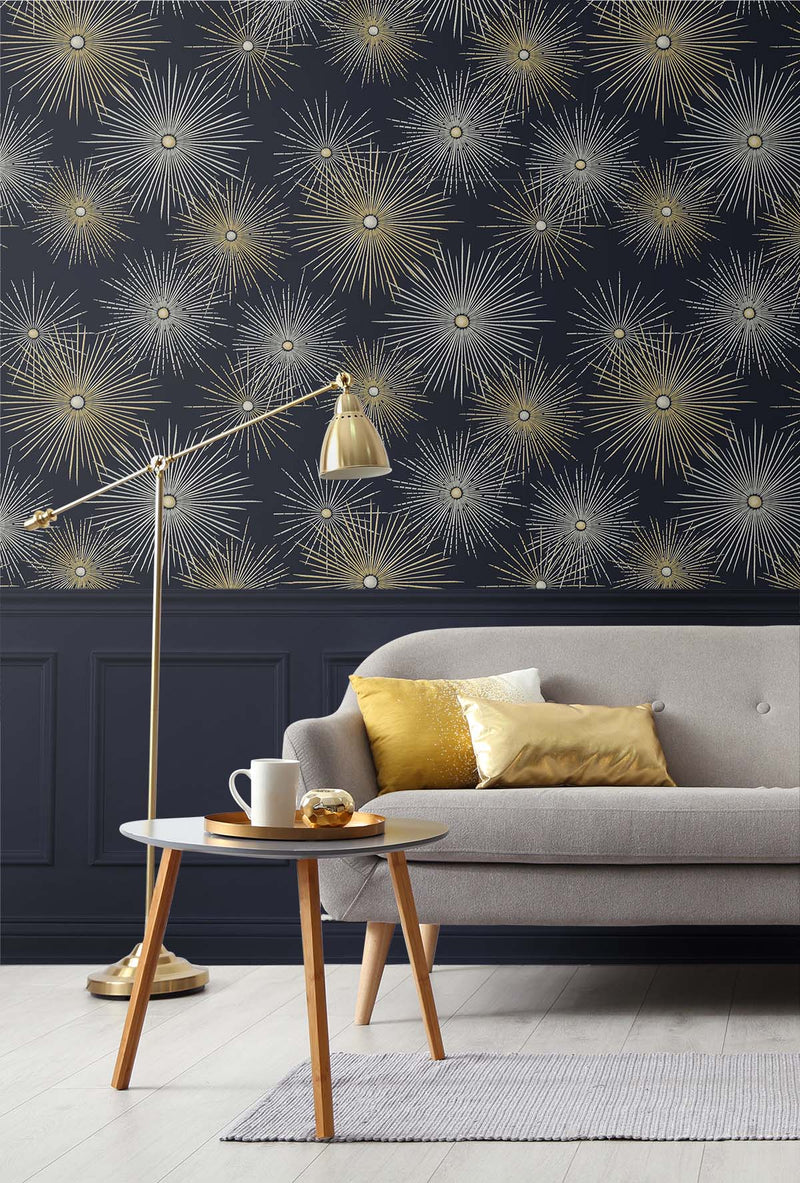 media image for Starburst Geo Midnight & Gold Peel-and-Stick Wallpaper by NextWall 217