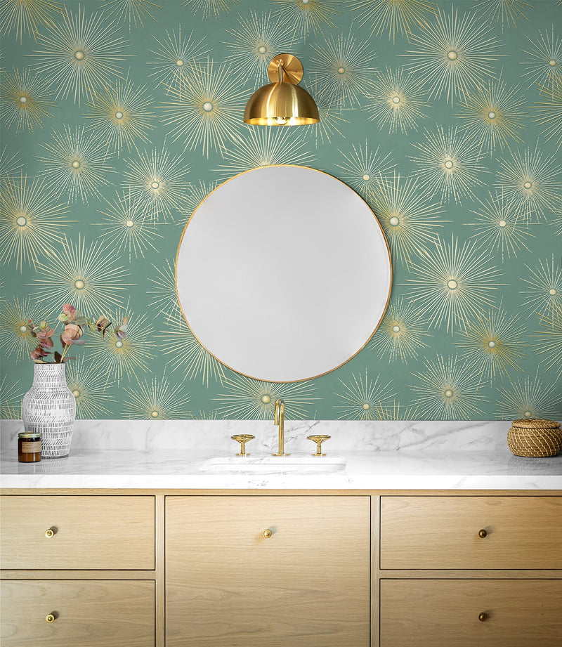 media image for Starburst Geo Teal & Gold Peel-and-Stick Wallpaper by NextWall 229