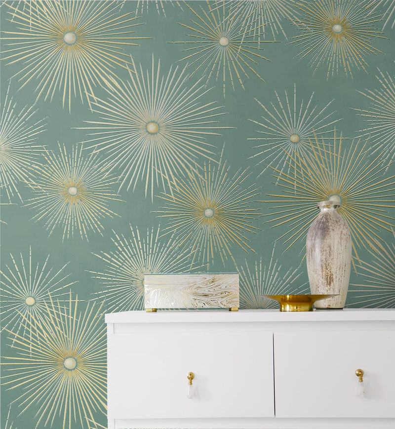 media image for Starburst Geo Teal & Gold Peel-and-Stick Wallpaper by NextWall 260